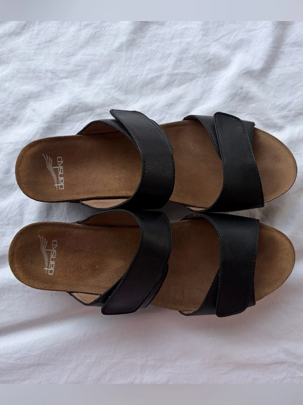 Dansko Black Leather Slide Sandals Two Velcro Straps Small Heel Sz 40 Euro Great